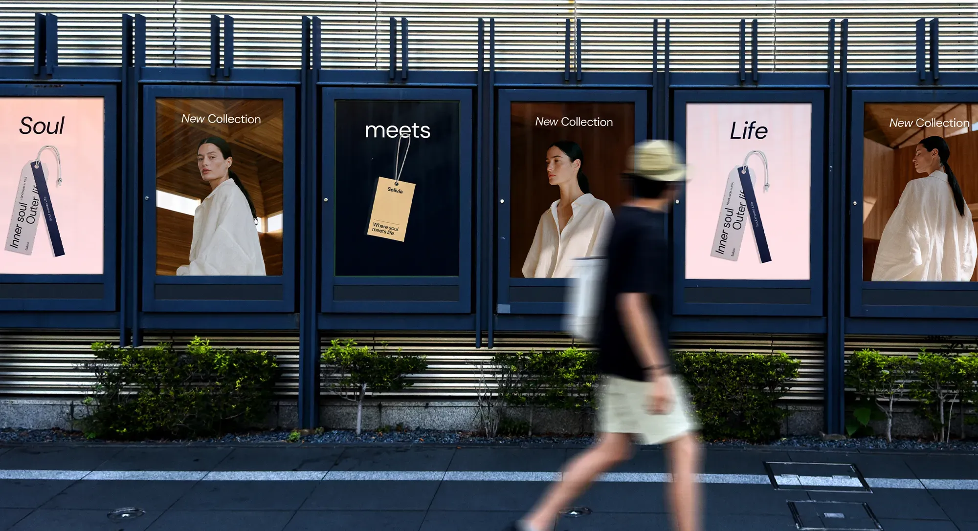 Row of Solivia street lightboxes spelling 'Soul meets Life' across alternating campaign panels