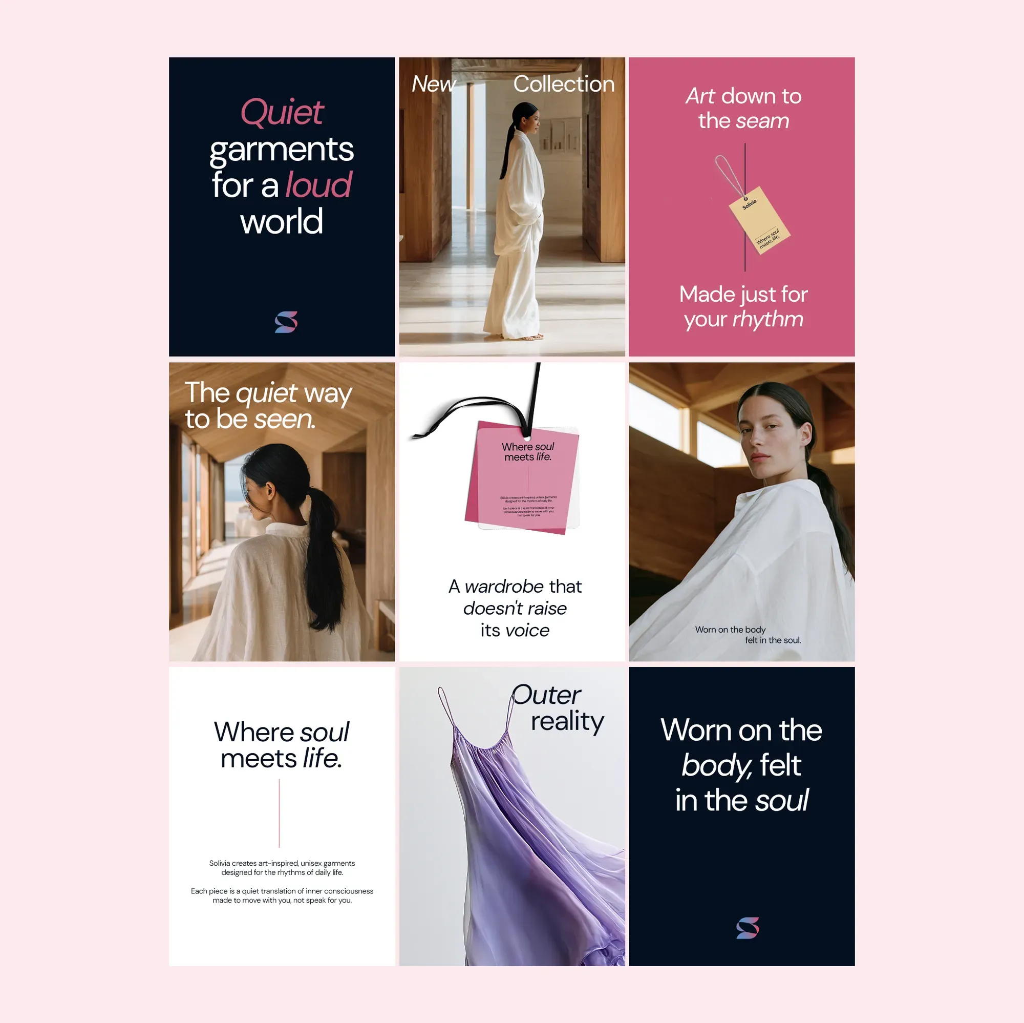 Solivia nine-tile social grid mixing quiet slogans, editorial portraits, hang-tags and the violet slip dress