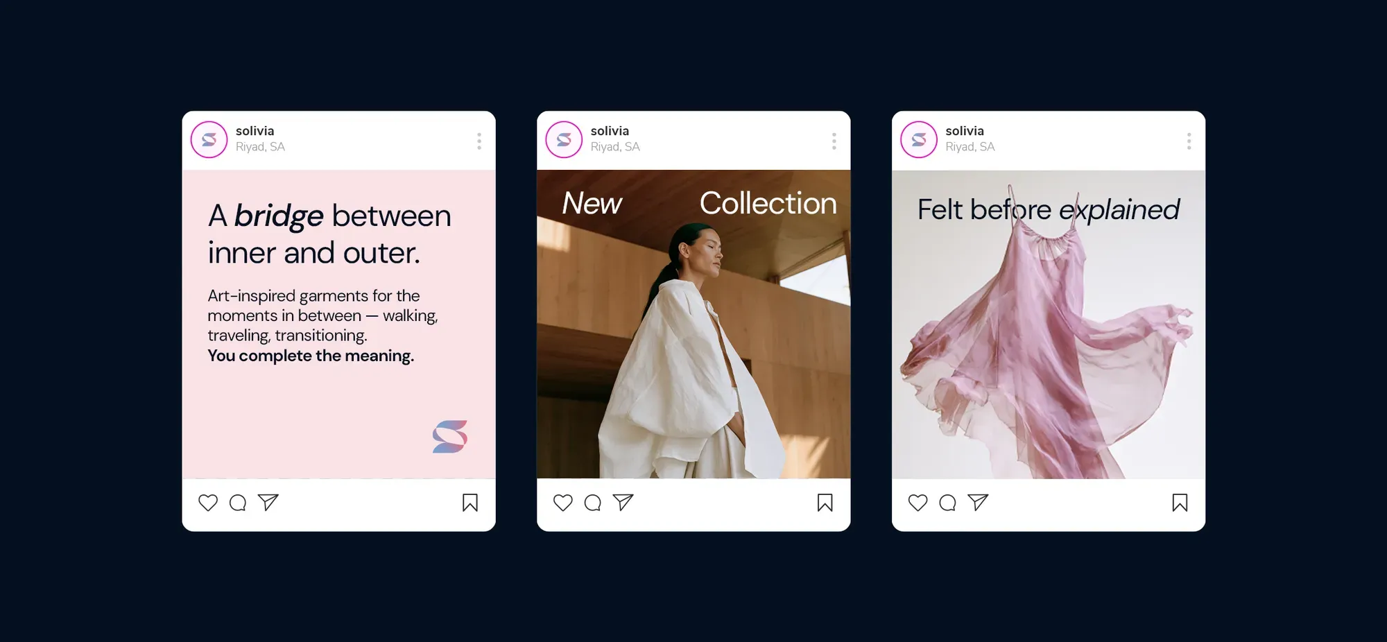 Three Solivia Instagram posts — 'A bridge between inner and outer', the new collection, and the violet dress