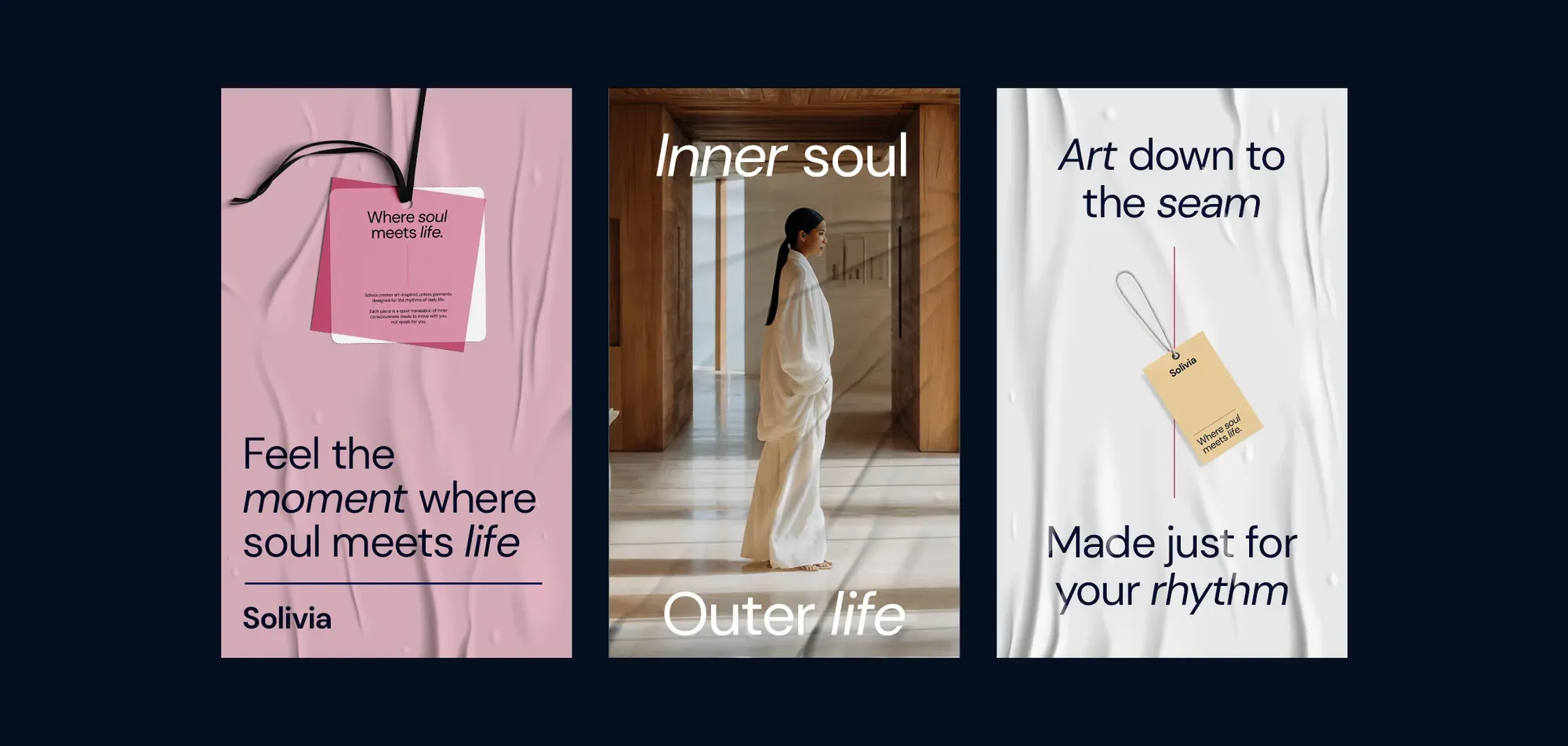 Three Solivia posters — 'Feel the moment', 'Inner soul / Outer life' and 'Art down to the seam'