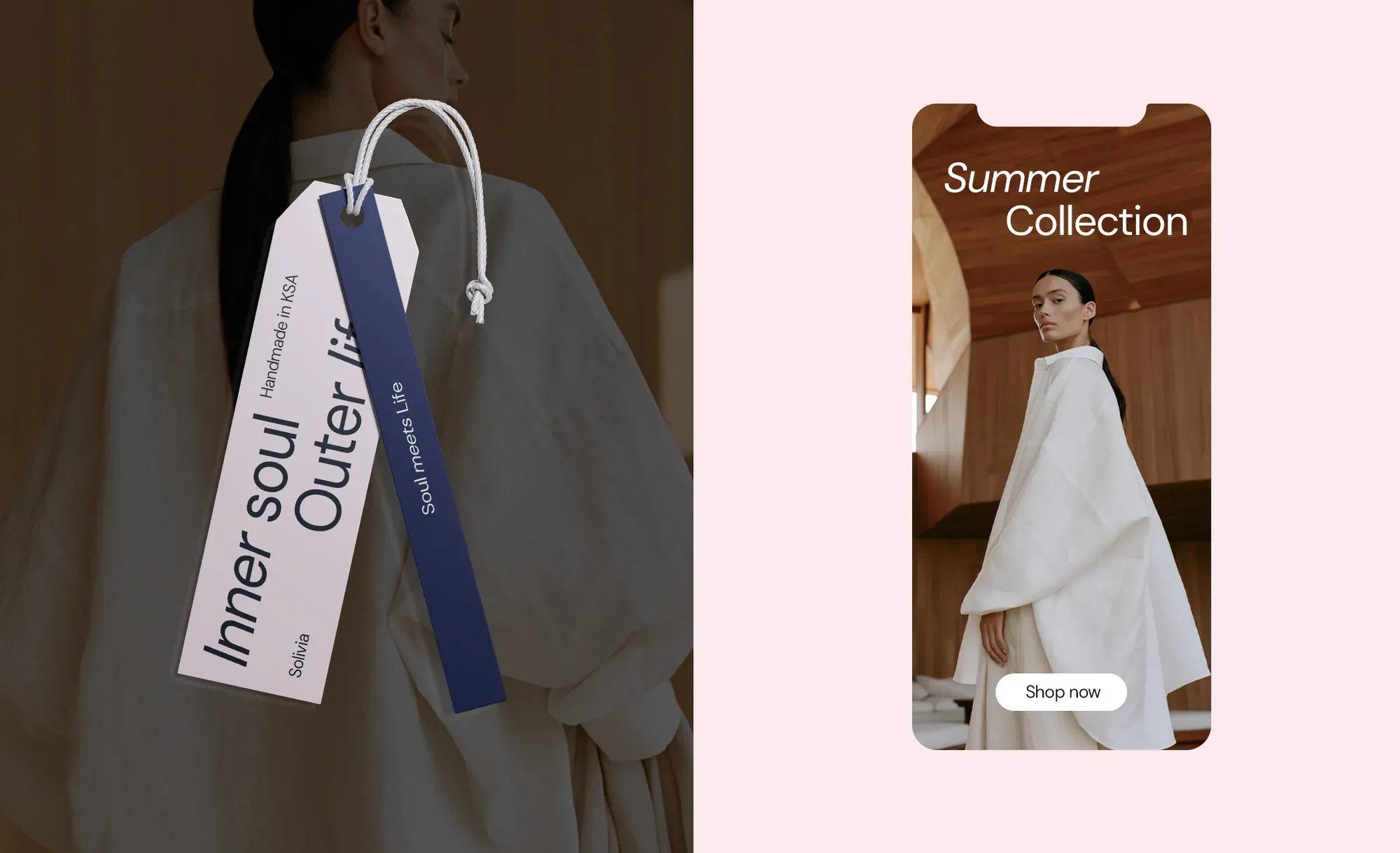 Solivia navy garment hang-tag reading 'Inner soul, Outer life' beside a Summer Collection app screen