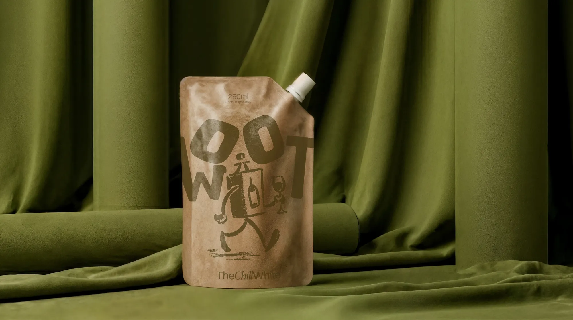 The Chill White WOOT kraft pouch staged against an olive green curtain