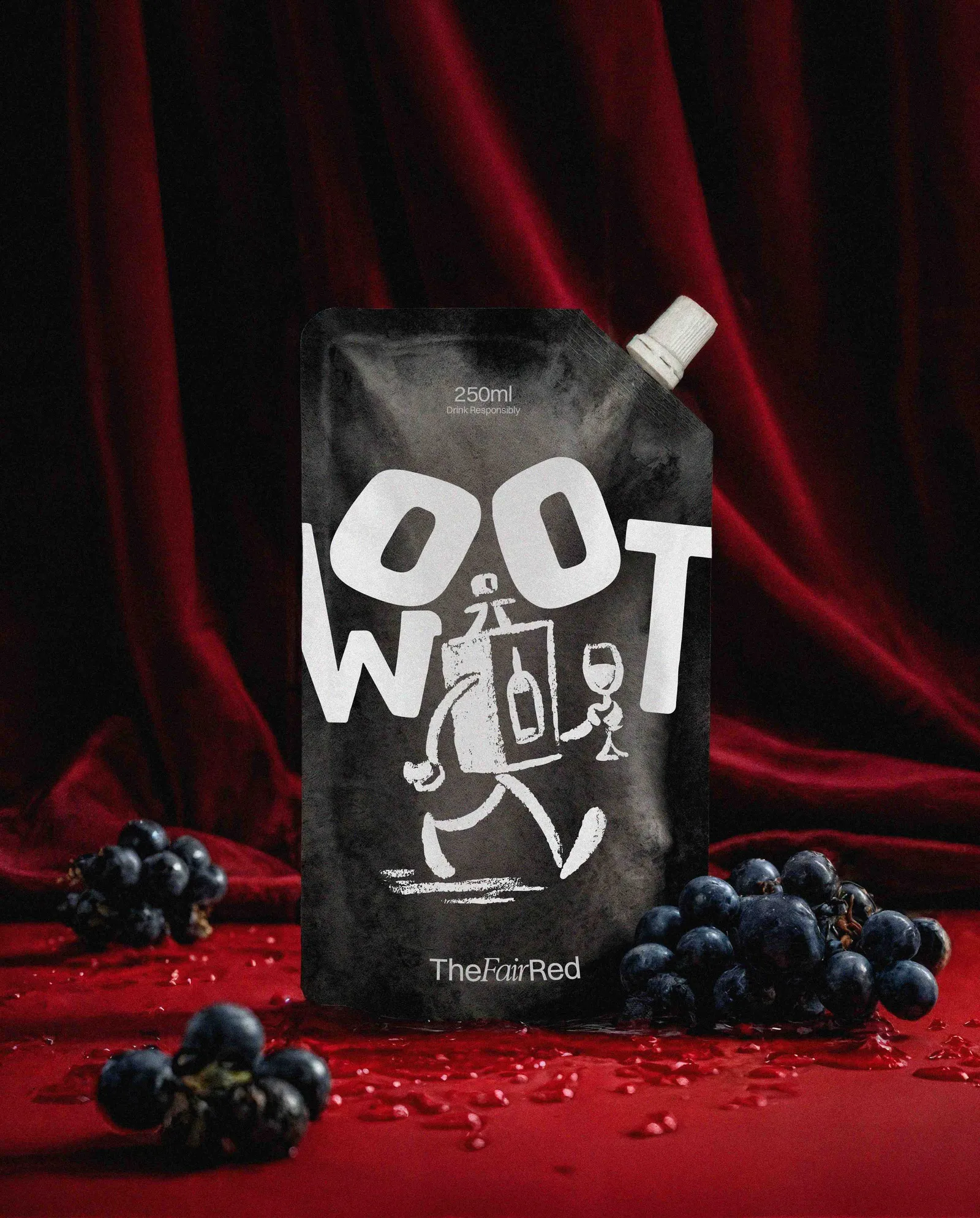 The Fair Red WOOT pouch on red velvet surrounded by dark grapes