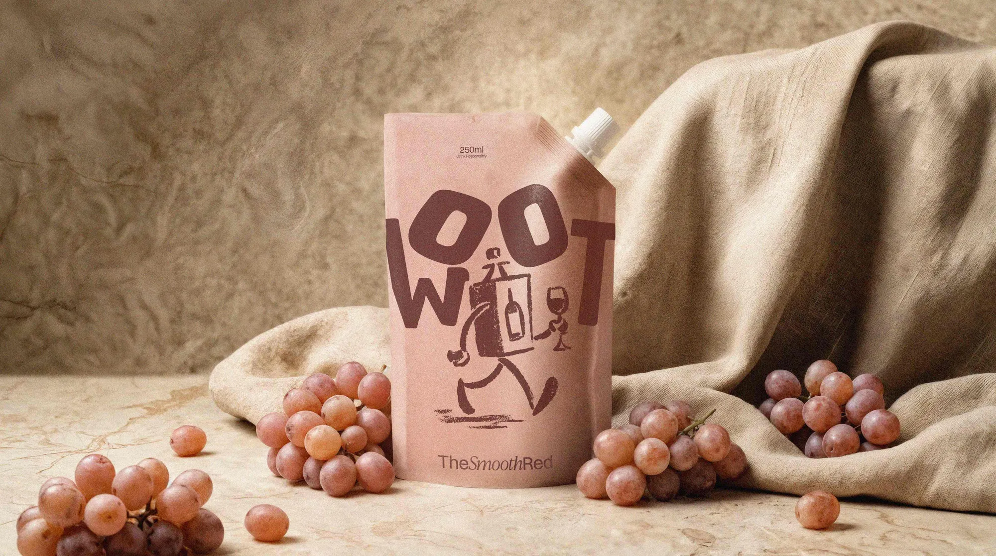 The Smooth Red WOOT pouch on a warm marble surface with pink grapes and linen