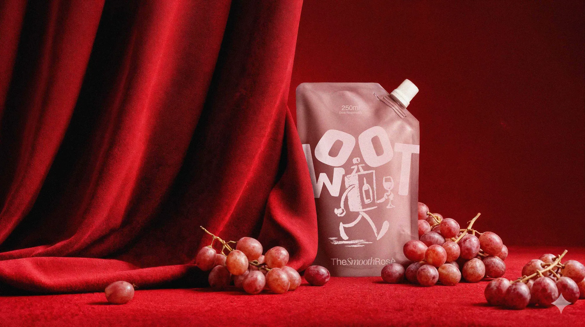 The Smooth Rosè WOOT pouch against a deep red curtain with rosé grapes